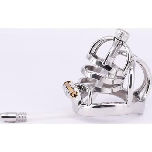 Male Chastity Devices Stainless Steel Arc Penisring Testicle Restraints Gear Cock Cage with Urethral Catheter Plug Sex Toys