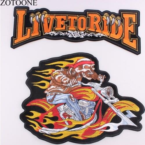 ZOTOONE Large punk bike Embroidered Motorcycle patch LIVE TO RIDE fire skull man Band iron on Patches For Clothes Jacket Badge C