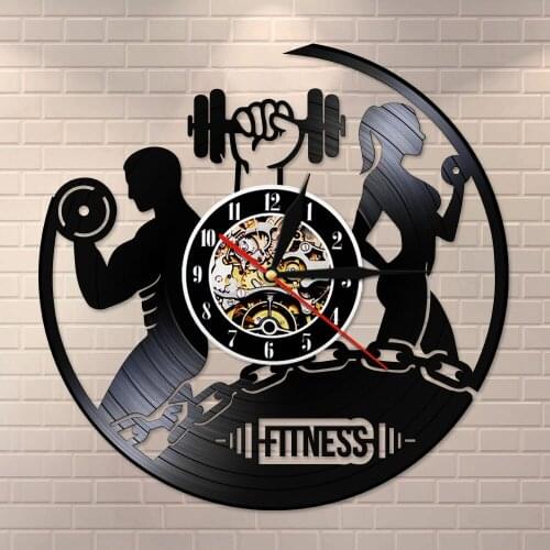 Sport Body Health Handmade Sports GYM Wall Art Fitness Vinyl Record Clock Bodybuilding Room Decor Dumbbell Vintage LP Wall Clock
