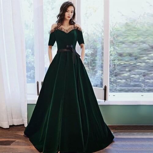 New Evening Dresses Deep V-Neck Off the Shoulder A-line Floor-length Velour Simple Short Sleeves Plus size Formal Dress A139