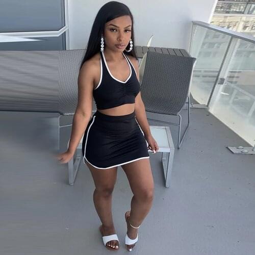 Solid Fitness Sportswear Backless Dress Two Piece Set Club Outfits Women Halter Workout Crop Top and Mini Skirt Female Clothing