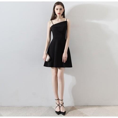 Simple Boat Neck Pleat A-Line Sleeveless Knee-Length Spaghetti Strap Black Short Zipper-up Short Birthday Evening Dress