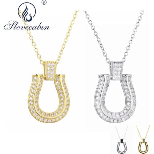 Slovecabin 925 Sterling Silver Luxury Gold Horseshoes Pendant Long Chain Big Shoes Crystal Japan Women Men Jewelry Best Gift
