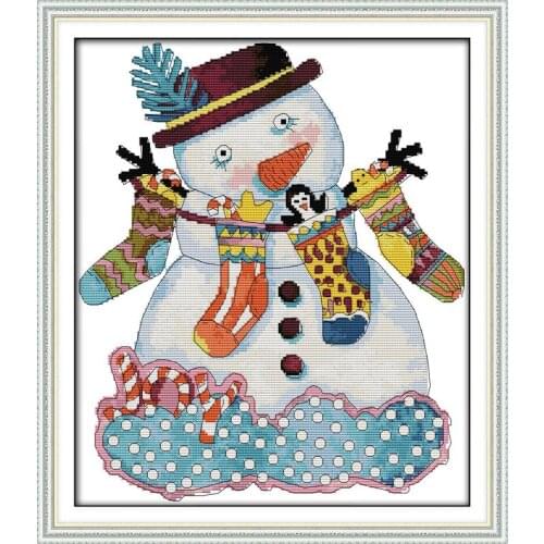 Christmas Snowman (3) DIY Handmade Art DMC Printed Counted Water Soluble Cloth Cross Stitch Kit for Christmas Home Decor&Gift