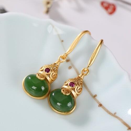 Natural Jasper Fu Lu Gourd Earrings S925 Sterling Silver Personalized Earrings Exquisite Temperament Earrings for Women Fashion
