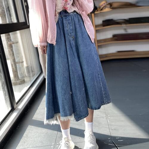 Solid Color Stitching Elastic Waist Frayed Loose Cotton Denim Irregular Casual Skirt Women Midi Saias Jeans Vintage Falda zh1441