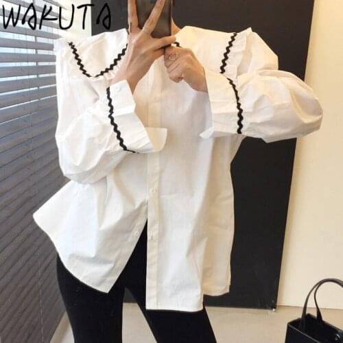 WAKUTA Spring Korean Elegant Loose Clothes Sailor Collar Women Blouses Fashion Contrast Color Puff Long Sleeve Ladies Tops Woman