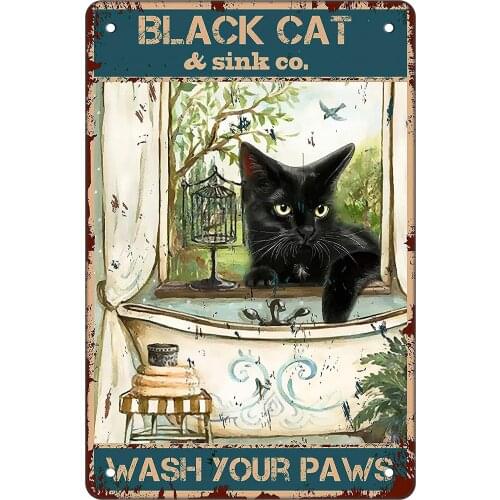 Bathroom Vintage Metal Tin Sign Wall Decor Black Cat Wash Your Paws Home Bathroom Classroom Office Cafe Bar Decor Art Sign