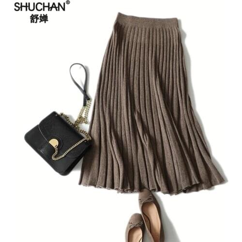 Shuchan Winter Thick 100% Cashmere Pleated Skirt High Waist Women Knitted Skirt Streetwear Fashion Womens Length