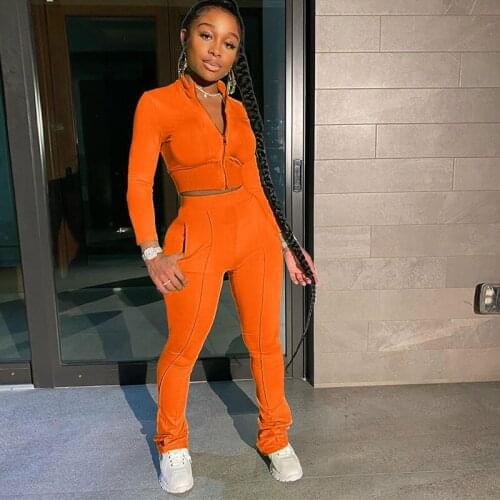 Autumn Winter Women Solid Patchwork zipper pocket Fluoresce Sports Two Piece Set Top and Pants Tracksuit Sweatsuit Outfits