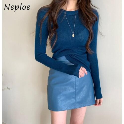 Kuzuwata Ice Silk Thin Long Sleeve Sweater Women Autumn 2021 Slim Round Neck Pullover Bottoming Top Solid Woman Sweaters