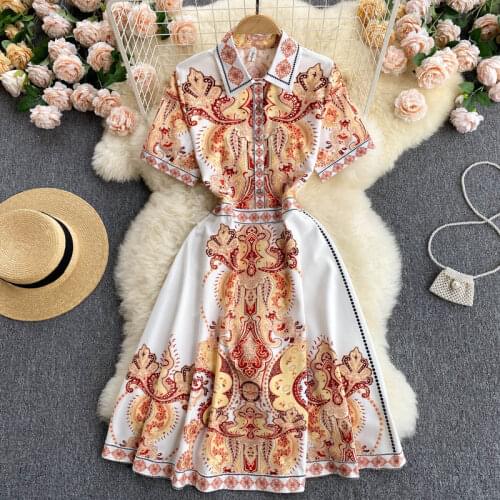 Europe Style 2021 New Hit Summer Elegant Womens Turn Down Collar Vintage Print Office Ladies A Line Dress Female Dresses