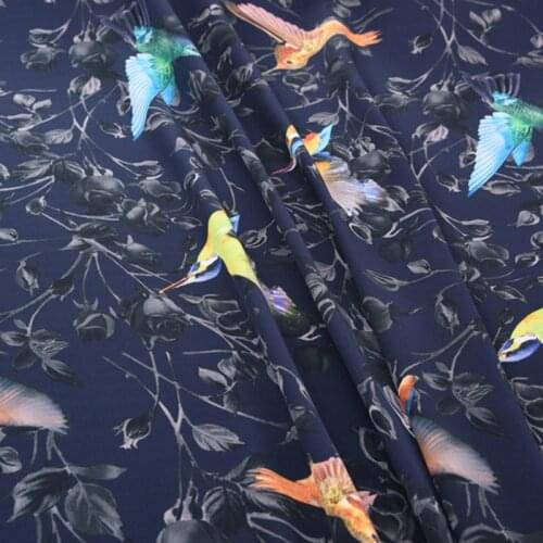 140CM Wide 16MM Birds Print Dark Blue Silk Crepe De Chine Fabric for Summer Dress Shirt Cheongsam Skirt Pants Pajamas H335
