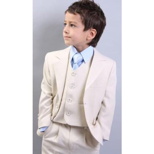 Beige Notch Lapel Two Buttons Fashion Children Suits Custome Homme Baby Body Suits Wear Set Clothing (Jacket+Pants+Tie+Vest)