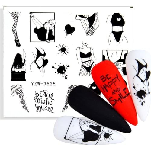 Black Sexy Lady Pattern Water Transfer Nail Stickers Character Image Watermark Tattoo Decal Slider Valentine DIY Nail Art Decora