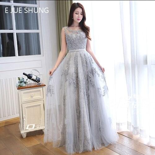 E JUE SHUNG Silver Lace Beaded Long Evening Dresses 2018 Lace Appliques Prom Dresses Long Cheap Formal Dresses robe de soiree