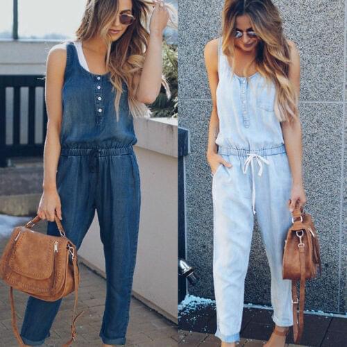 Denim Wash Overall For Summer Lady Women Fashion Cool Street Blue Plain Women Sleeveless Loose Jeans Jumpsuit Long Pants Rompers