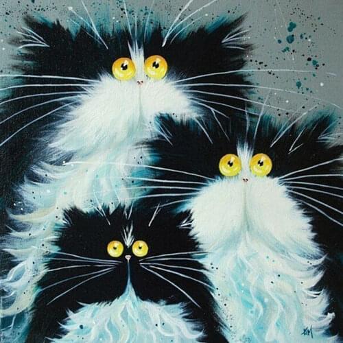 GLymg Diy Diamond Painting Three Cats Diamond Embroidery All Square Drill Black White Cat Rhinestone Mosaic Picture Cat Family