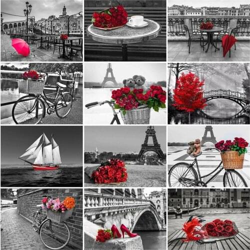 HUACAN Diamond Painting Landscape Black Red Full Square New Arrival Diamond Embroidery Bicycle Mosaic Sale Home Decoration