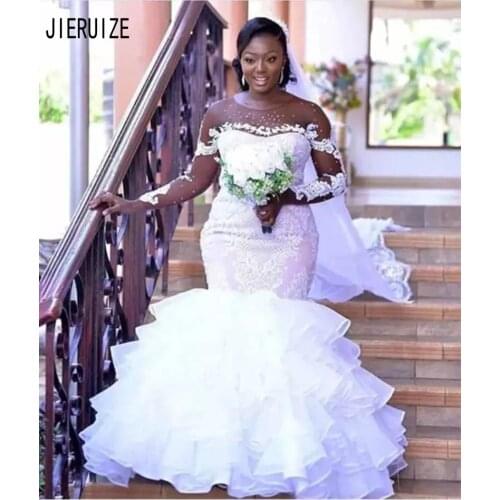 JIERUIZE Mermaid Wedding Dresses O Neck Long Sleeves African Bridal Dresses With Ruffles Appliques Wedding Gowns robe de mariage