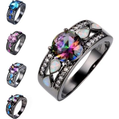 Fashion Opal Rings Jewelry Black Gold Finger Ring Anniversary Rings Size 5-11