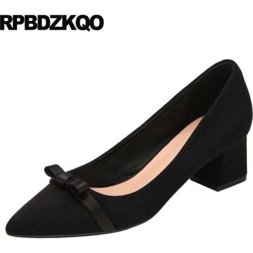 Fashion Suede Pumps Block Heels Shoes For Women Black 2021 Size 4 34 Slip On Casual Medium Thick Bow Chunky Designer Pointed Toe