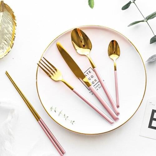 Gold Pink European Dinnerware Knife Spoon Fork 304 Stainless Steel Western Cutlery Kitchen Food Tableware Dinner Set