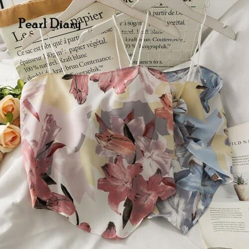 Pearl Diary Women Flower Print Camis Tops Summer Slash Neck Sleeveless Tops Spaghetti Strap Tie Back Women Sweet Tops For Girls