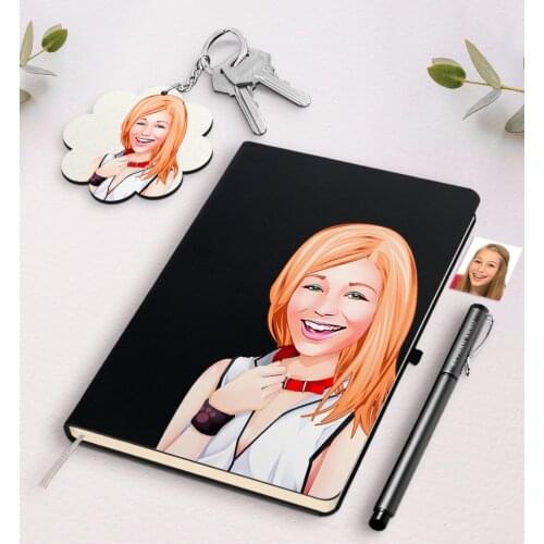 Personalized Women 'S Caricature Of Black Notebook Pen And Keychain Gift Seti-35