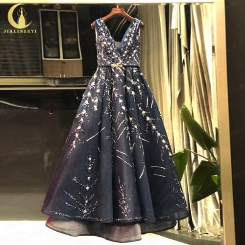 Rhine Real picture Zuhair Murad V Neck Navy Blue A-line Beads платья женские dress women evening dress long formal dresses