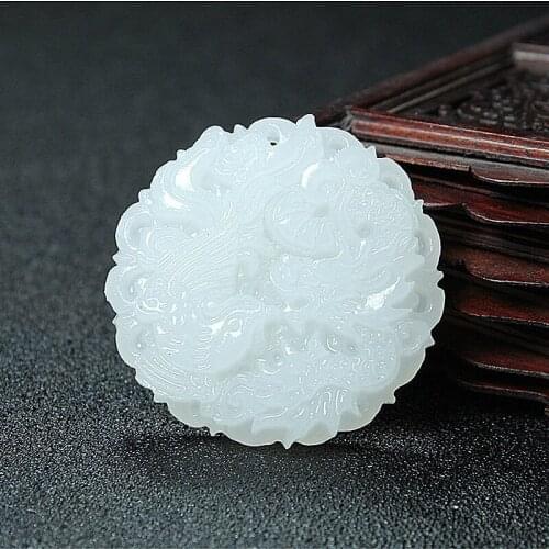 Natural White Jade Dragon Phoenix Pendant Necklace Chinese Hand-Carved Fashion Charm Jewelry Accessories Amulet for Men Women