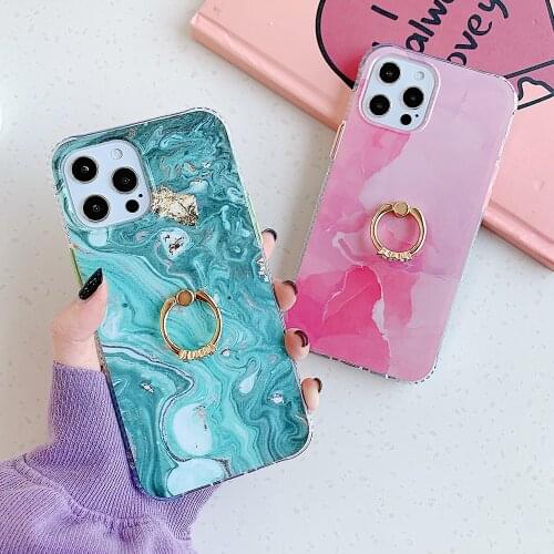 Marble Line Phone Case With Ring Holder For iPhone 11 12 Pro Max XR XS Max X 7 8 Plus Soft IMD Corners Shockproof Cover Coque