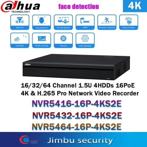 Dahua 4K H.265 NVR recorder 16CH 32CH 64CH NVR5416-16P-4KS2E NVR5432-16P-4KS2E NVR5464-16P-4KS2E 16PoE Up to 12MP Max 320Mbps