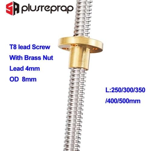 T8 Lead Screw OD 8mm Pitch 2mm Lead 4mm Length 300mm 400mm 500mm Threaded Rods with Brass Nut for Reprap 3D Printer Z Axis
