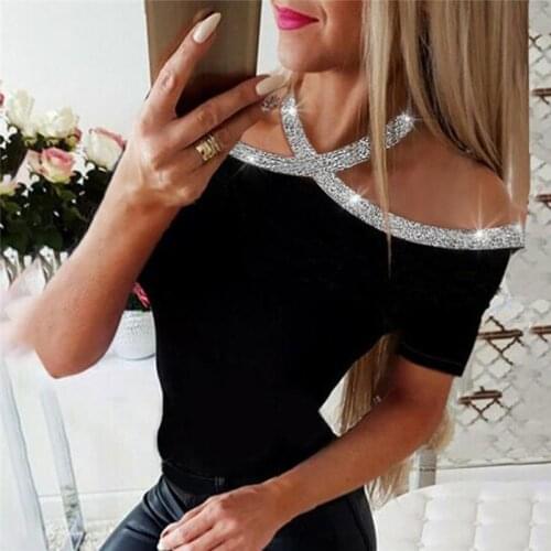 2020 Summer Women Top Rhinestone Details Halter Short Sleeve Blouse Elegant Basic Casual Female Lace-Up Leisure Shirts