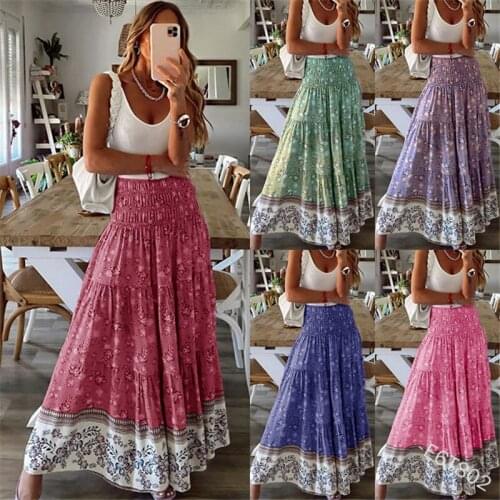 Women Clothing Casual Boho Print Ruffles Maxi Skirts Summer Fashion Empire Loose Long Skirt Green Beach Skirts Womens 2021