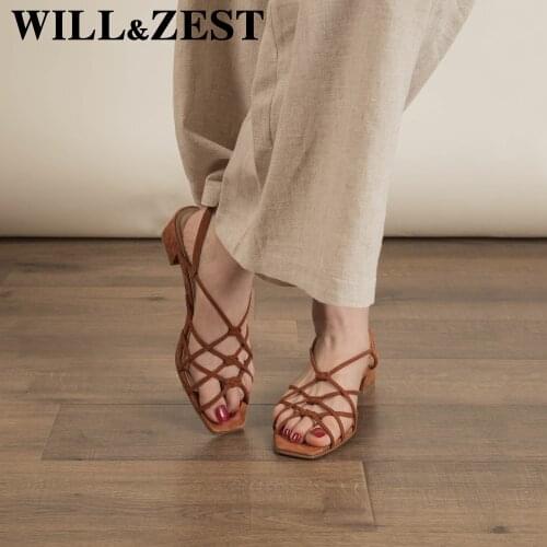 WILL&ZEST Fashion Strappy Shoes Woman Sandals Designer Low Heels Square Toe Sexy Chunky Heel Sandal Summer Cute Block Heels New