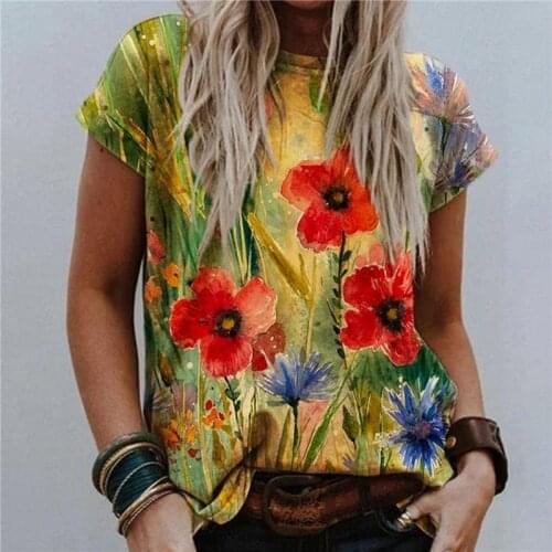 Women Fashion T-Shirts Turtleneck Round Neck Abstract Picture Printed Street Tops Hipster Short-Sleeved Multicolor Loose T-Shirt