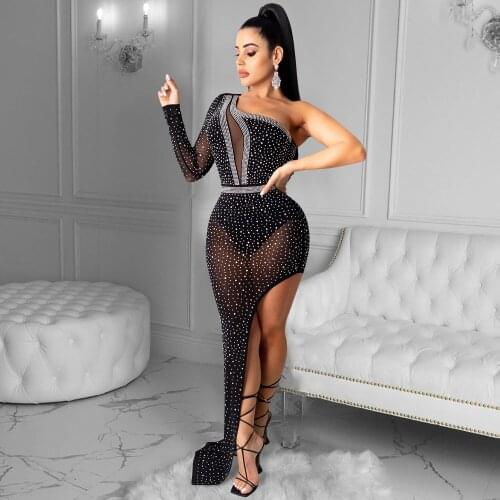 Felyn 2020 Ins Internet Celebrity Famous Dress Solid Diamond One Shoulder Sexy Celebrity Party Maxi Dress Vestidos and Brief