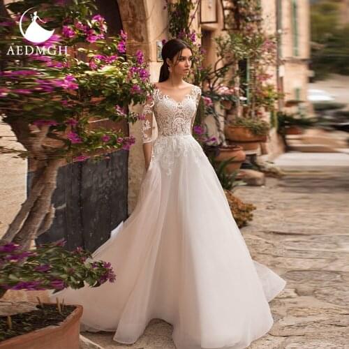 Aedmgh Simple A-Line Wedding Dresses 2021 V-Neck Long Sleeve Court Train Vestido De Novia Appliques Beach Robe De Mariee
