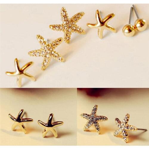 3Pairs/set Rhinestone Sea Star Starfish Earrings Simple Earrings For Fashion Women Brincos Birhtday Gifts