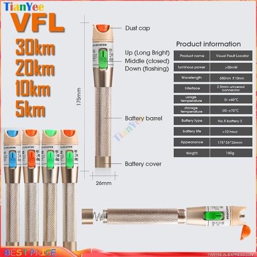 COMPTYCO VFL high-quality 30km/20km/10km/5km Red light source fiber tester pen visual fault locator compliant st fc sc Connector