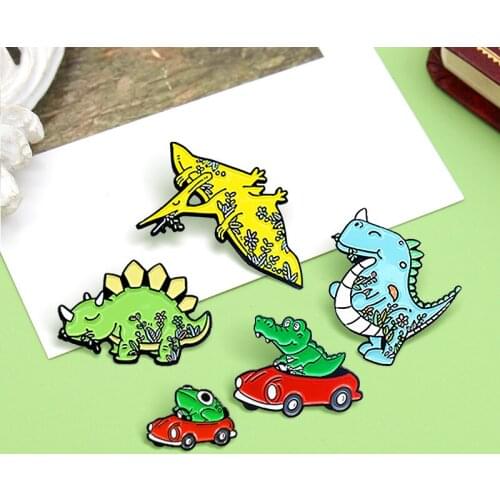 Frog Crocodile Driver Dinosaur Enamel Pin Small Red Car Forest plants Dinosaur Stegosaurus Brooch Animal Jewelry Gift for Friend