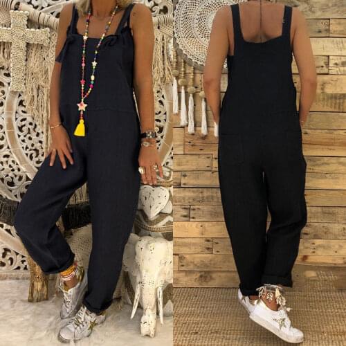 Women Ladies Fashion Casual Loose Linen Cotton Jumpsuit Dungarees Playsuit Trousers Overalls Black Gray Khaki