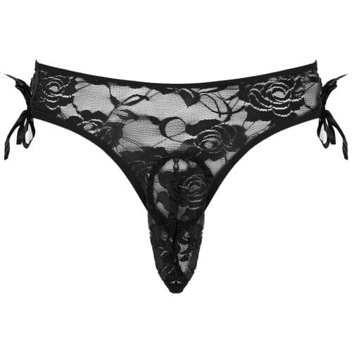 Men Underwear See-through Lace Low Waist Briefs Bowknot Decor Elastic Waistband Underwear Sexy Bulge Pouch Panties Underpants