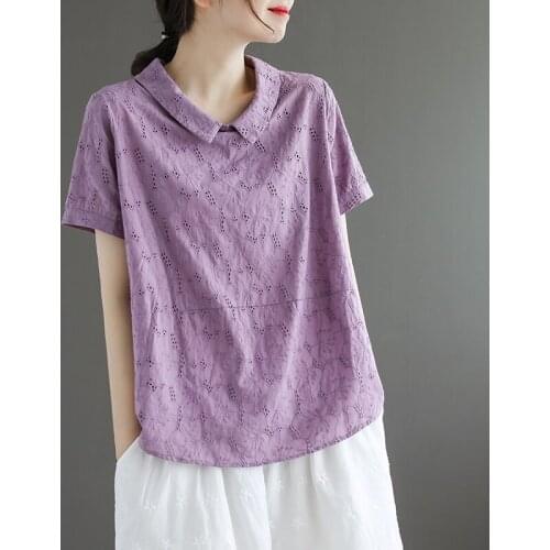 2020 New Summer Women T-shirt Literary vintage Turndown Collar Cotton Short Sleeve T-shirt Loose Thin Hollow out Tops Women