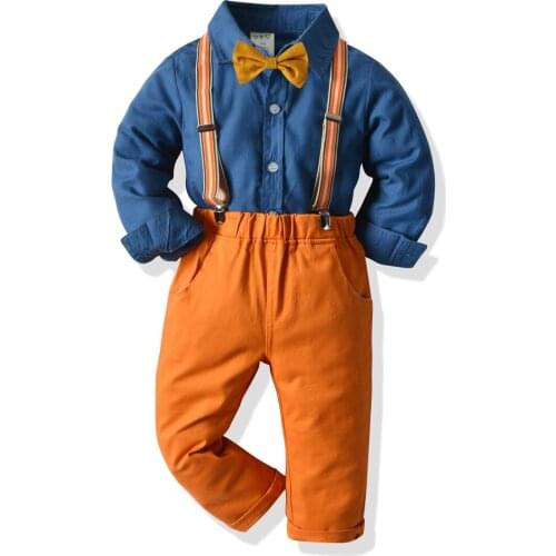 2021 New Autumn Boys Clothing Set Long Sleeve Striped Bowtie Shirt Tops+Suspender Trousers Baby Kid Formal Gentleman Suit 1-6Y