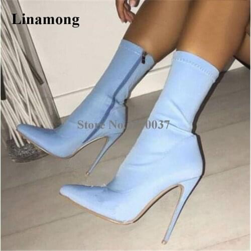 New Fashion Women Sexy Pointed Toe Stiletto Heel Short Boots Grey Blue Suede Leather Bandage Elastic High Heel Ankle Boots