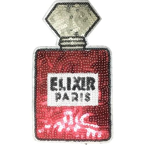 New Arrival Pink ELIXIR PARIS Perfume Bottle Sequined Sew on Patches for Clothes Bags DIY Sewing Decoration Repair 1Piece