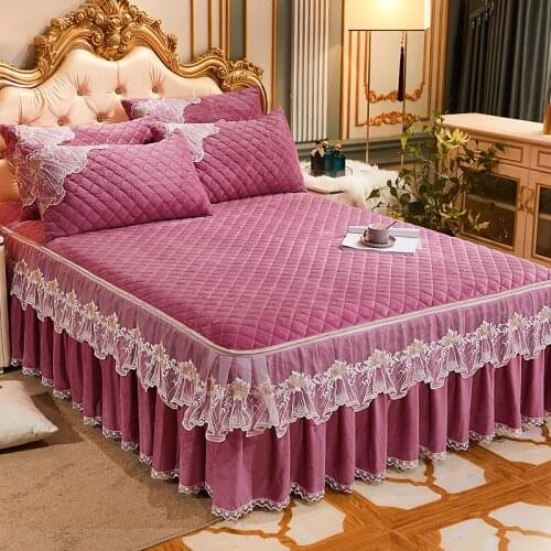 Autumn-Winter Warm and Thickening Lace Bedspread Bed Skirt Non-Slip Short Plush Bedspread Mattress Cover Removable